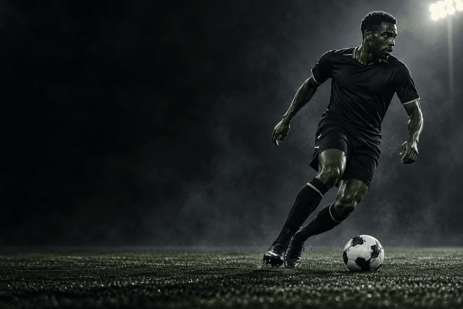 Footballer in a black and lime kit driving the ball forward under the floodlights